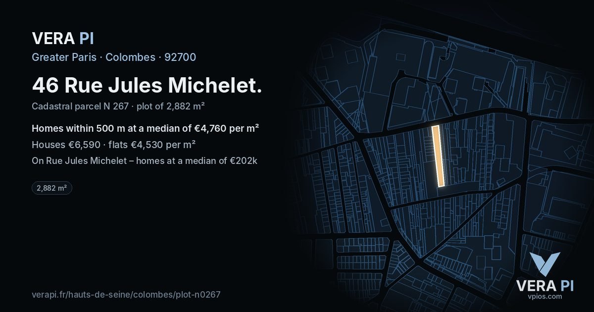46 Rue Jules Michelet, Colombes at night – the plot lit, the parcels around coloured by the prices near them