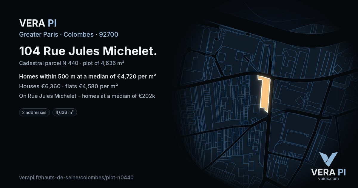 104 Rue Jules Michelet, Colombes at night – the plot lit, the parcels around coloured by the prices near them