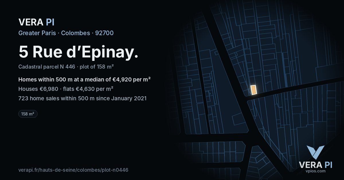 5 Rue d’Epinay, Colombes at night – the plot lit, the parcels around coloured by the prices near them