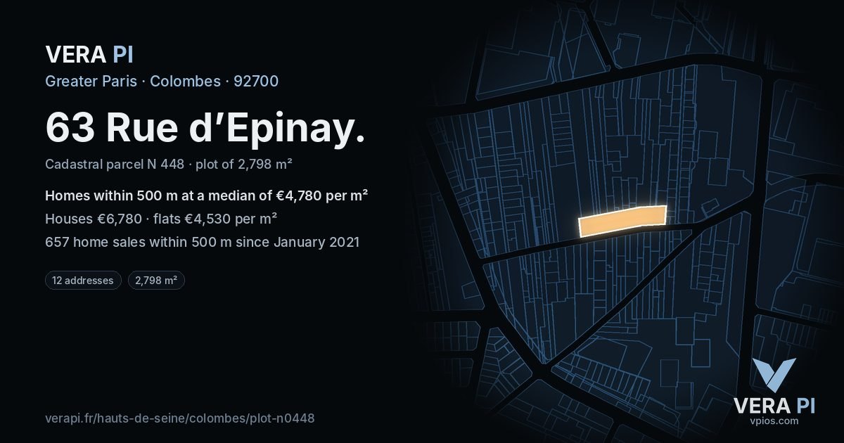 63 Rue d’Epinay, Colombes at night – the plot lit, the parcels around coloured by the prices near them