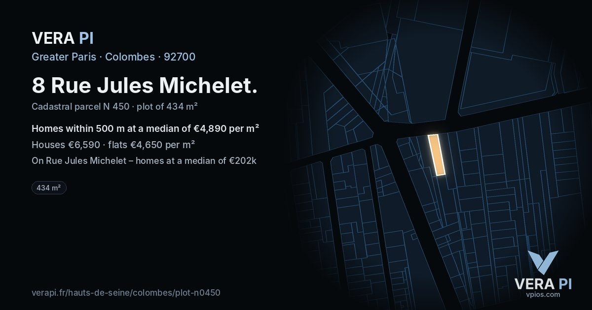 8 Rue Jules Michelet, Colombes at night – the plot lit, the parcels around coloured by the prices near them