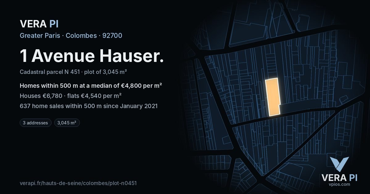 1 Avenue Hauser, Colombes at night – the plot lit, the parcels around coloured by the prices near them