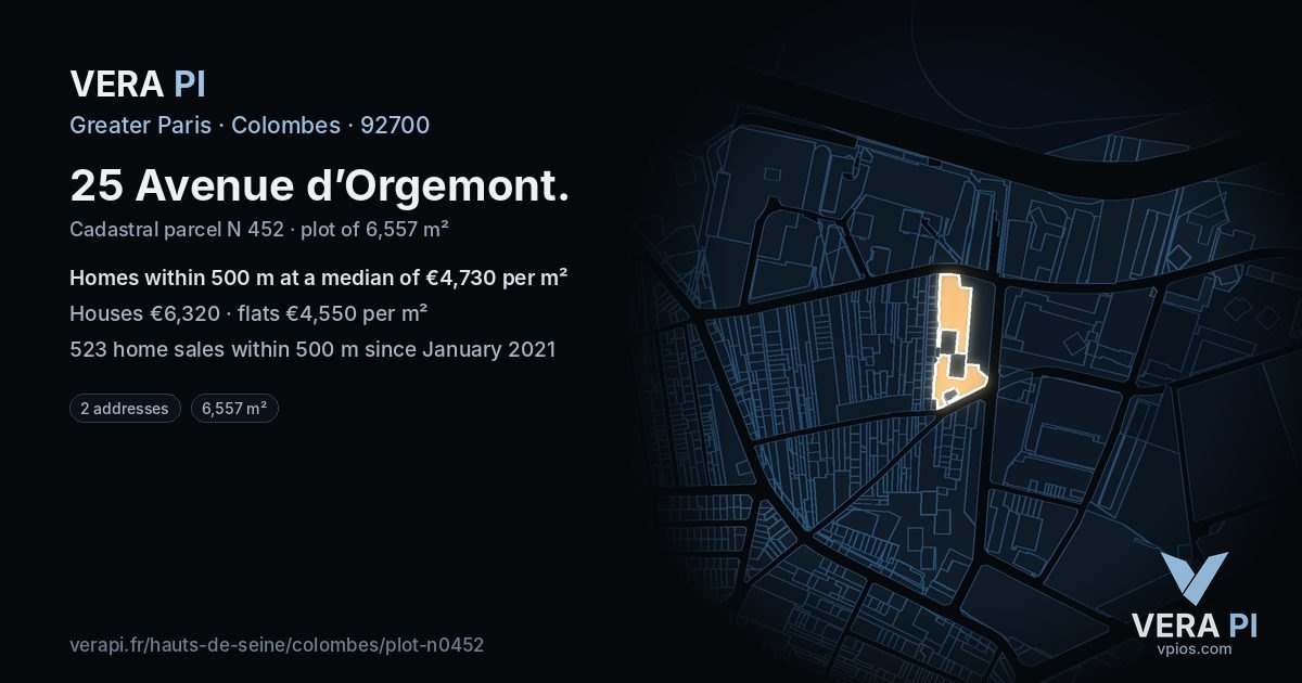25 Avenue d’Orgemont, Colombes at night – the plot lit, the parcels around coloured by the prices near them