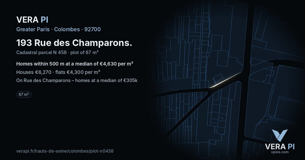 193 Rue des Champarons, Colombes at night – the plot lit, the parcels around coloured by the prices near them