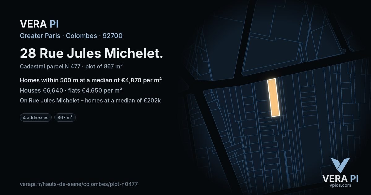 28 Rue Jules Michelet, Colombes at night – the plot lit, the parcels around coloured by the prices near them