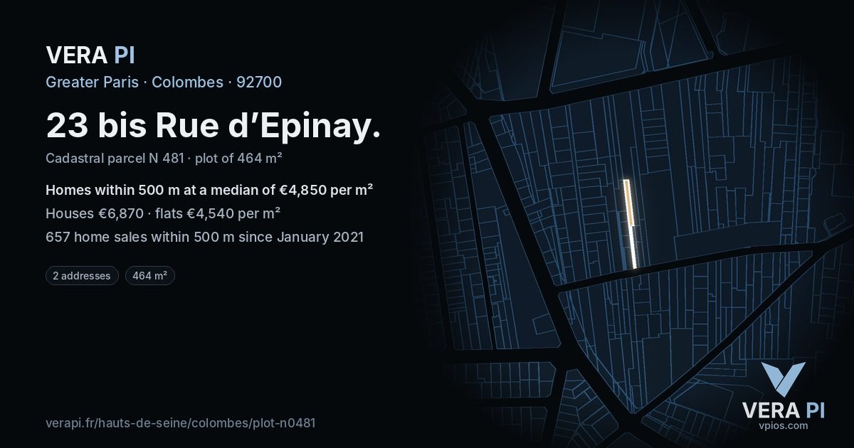 23 bis Rue d’Epinay, Colombes at night – the plot lit, the parcels around coloured by the prices near them