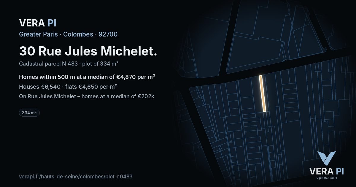 30 Rue Jules Michelet, Colombes at night – the plot lit, the parcels around coloured by the prices near them