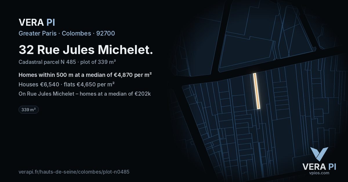 32 Rue Jules Michelet, Colombes at night – the plot lit, the parcels around coloured by the prices near them