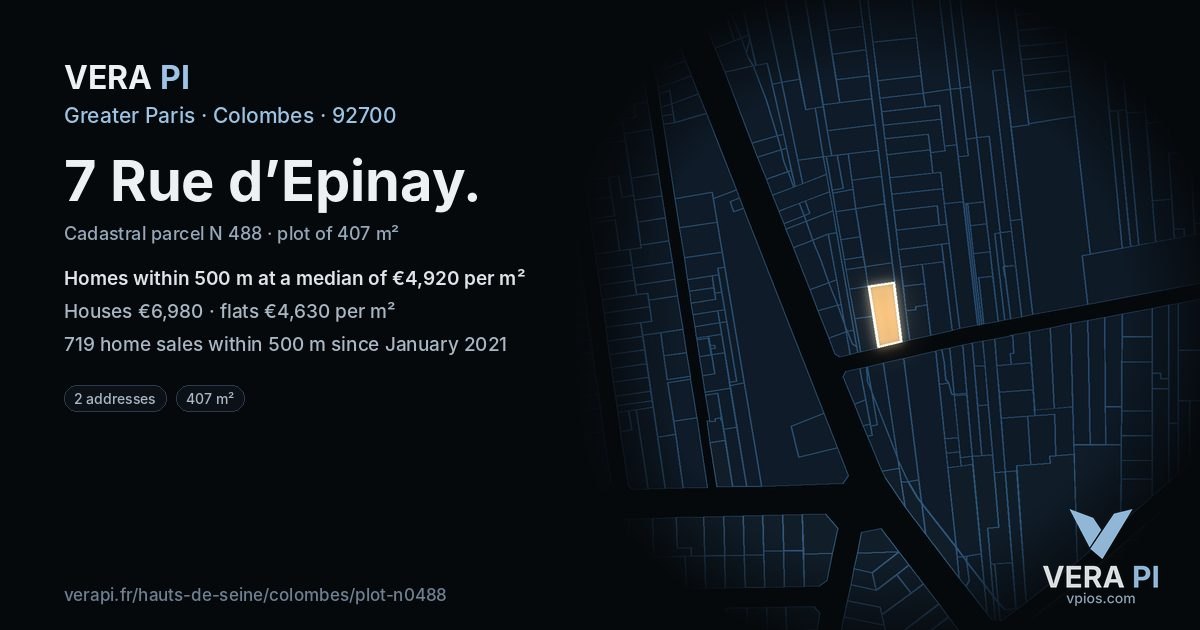 7 Rue d’Epinay, Colombes at night – the plot lit, the parcels around coloured by the prices near them