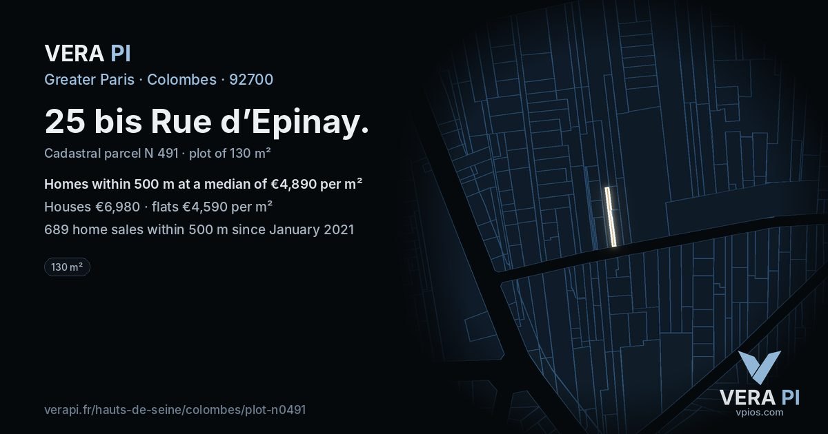 25 bis Rue d’Epinay, Colombes at night – the plot lit, the parcels around coloured by the prices near them