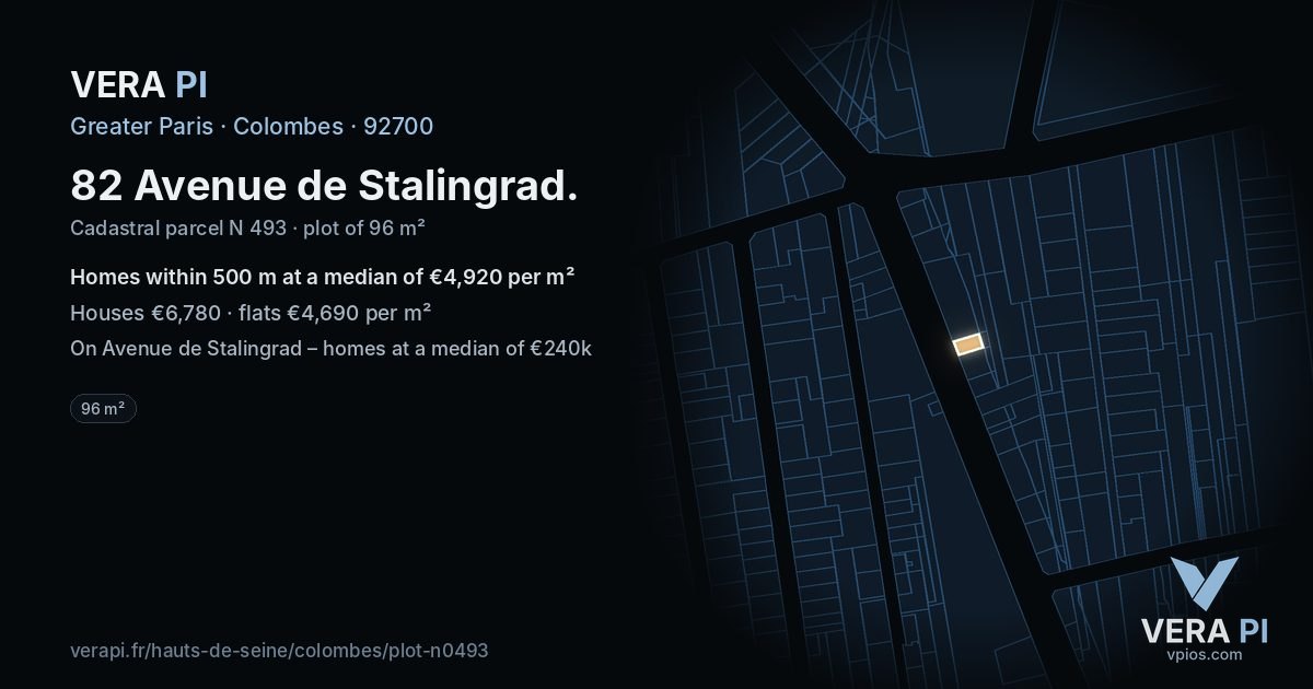 82 Avenue de Stalingrad, Colombes at night – the plot lit, the parcels around coloured by the prices near them