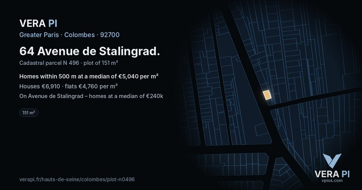 64 Avenue de Stalingrad, Colombes at night – the plot lit, the parcels around coloured by the prices near them