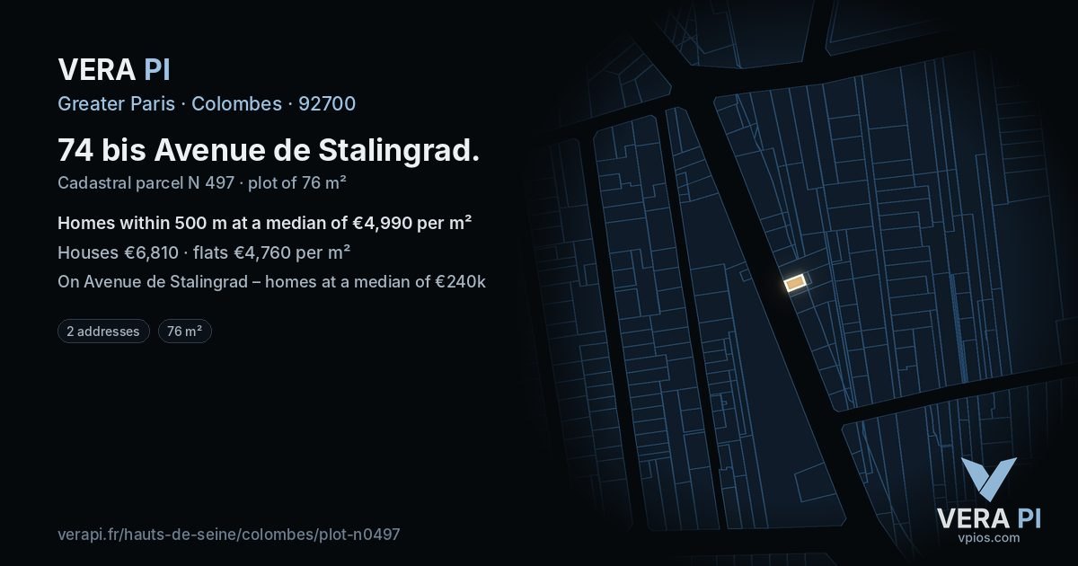 74 bis Avenue de Stalingrad, Colombes at night – the plot lit, the parcels around coloured by the prices near them