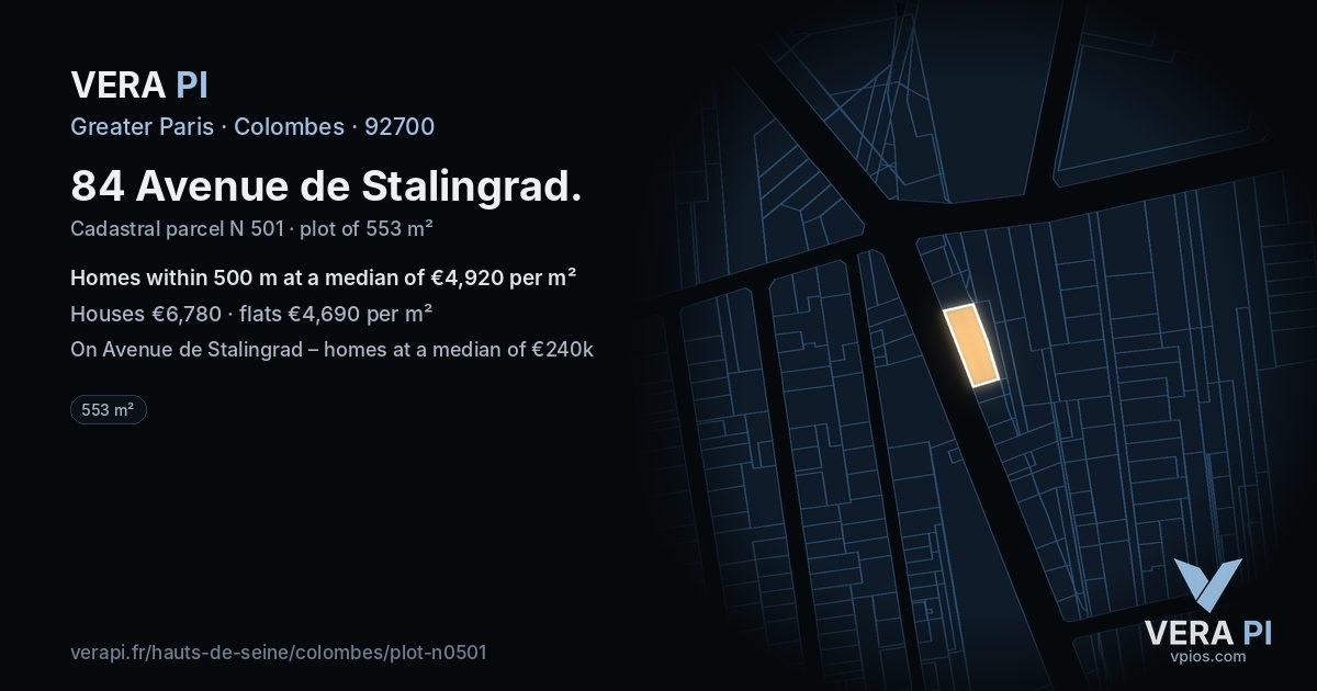 84 Avenue de Stalingrad, Colombes at night – the plot lit, the parcels around coloured by the prices near them