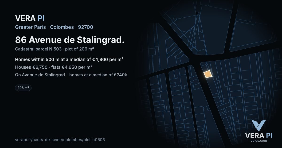 86 Avenue de Stalingrad, Colombes at night – the plot lit, the parcels around coloured by the prices near them