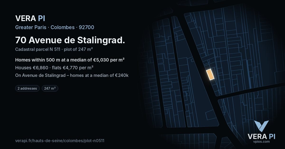 70 Avenue de Stalingrad, Colombes at night – the plot lit, the parcels around coloured by the prices near them