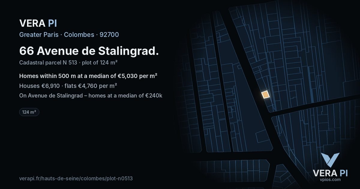 66 Avenue de Stalingrad, Colombes at night – the plot lit, the parcels around coloured by the prices near them