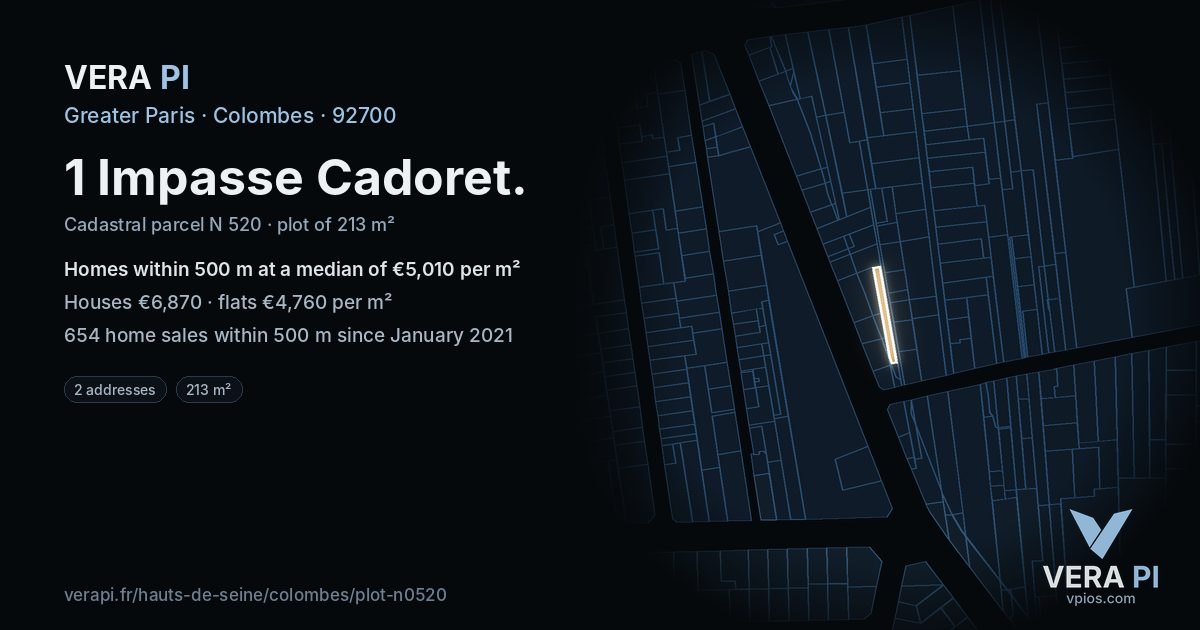1 Impasse Cadoret, Colombes at night – the plot lit, the parcels around coloured by the prices near them