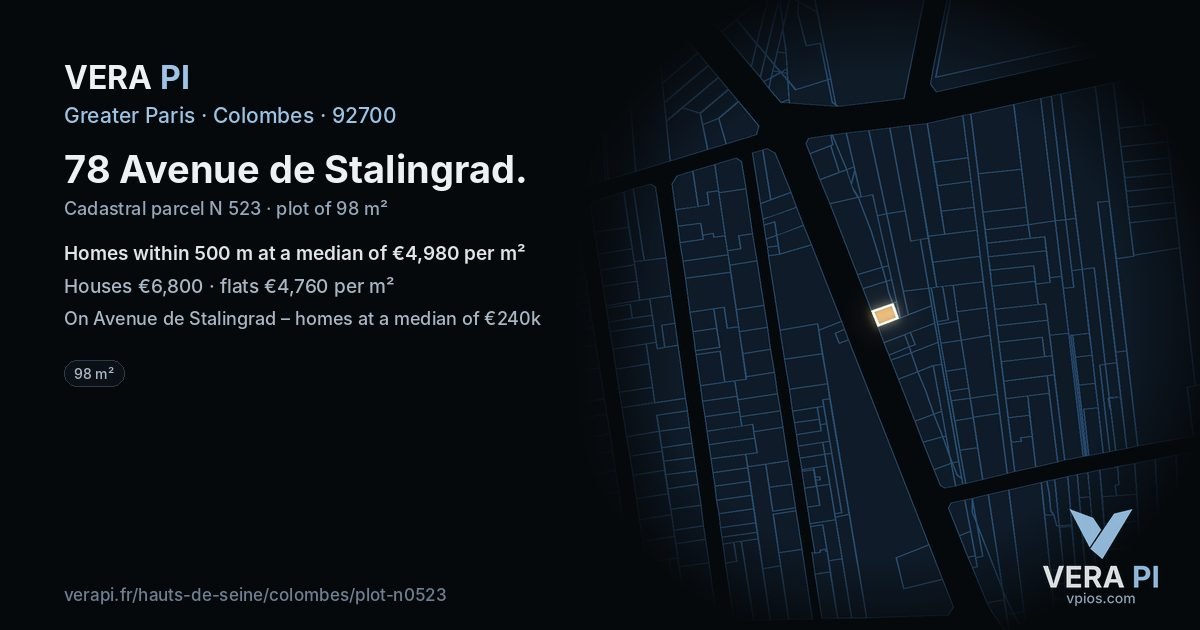 78 Avenue de Stalingrad, Colombes at night – the plot lit, the parcels around coloured by the prices near them