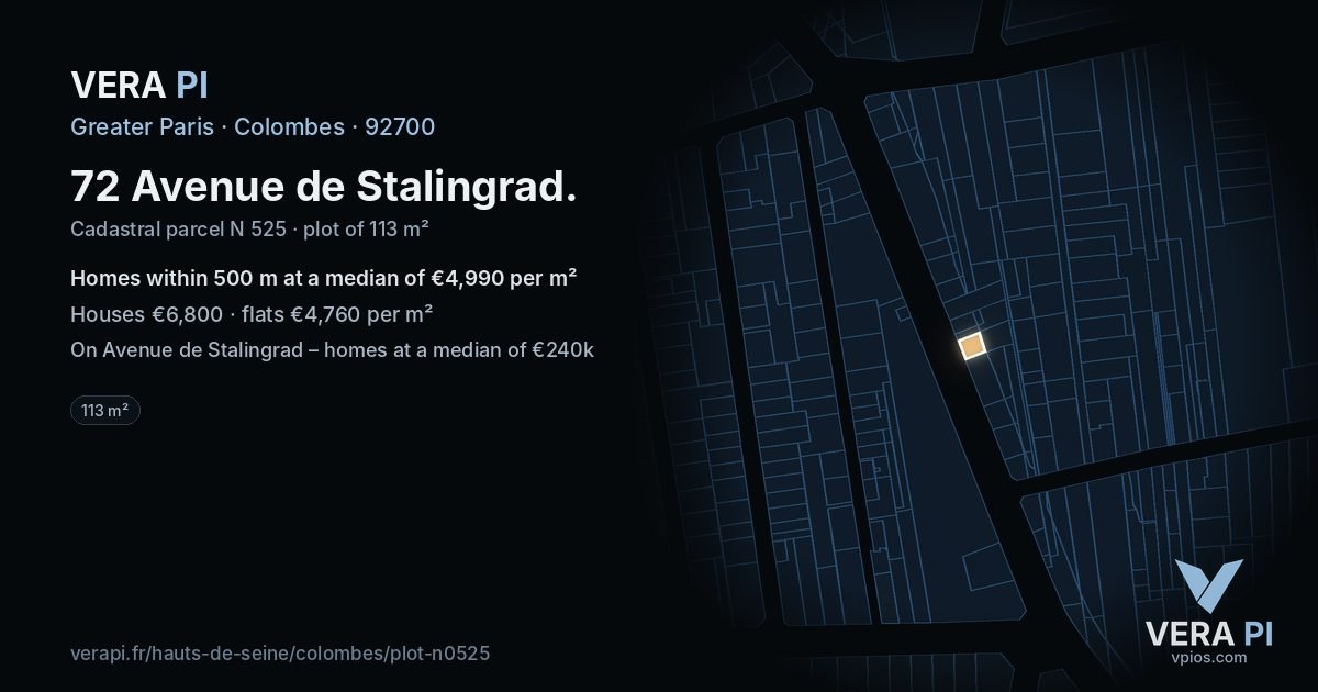 72 Avenue de Stalingrad, Colombes at night – the plot lit, the parcels around coloured by the prices near them
