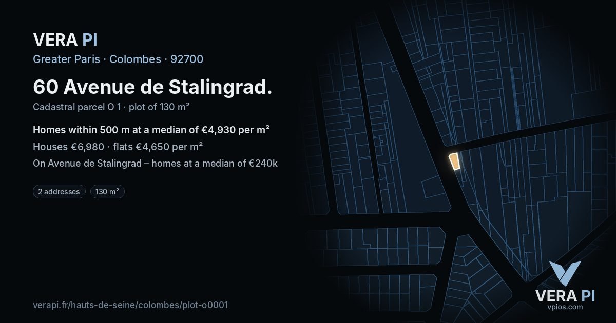 60 Avenue de Stalingrad, Colombes at night – the plot lit, the parcels around coloured by the prices near them