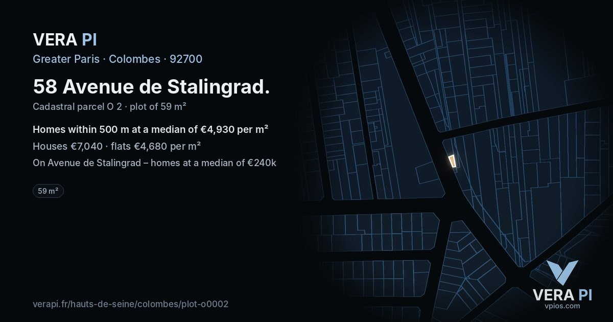 58 Avenue de Stalingrad, Colombes at night – the plot lit, the parcels around coloured by the prices near them