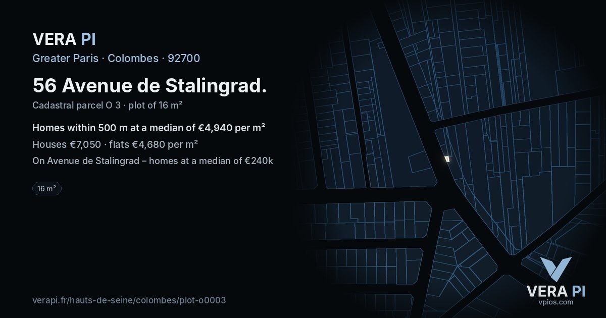 56 Avenue de Stalingrad, Colombes at night – the plot lit, the parcels around coloured by the prices near them