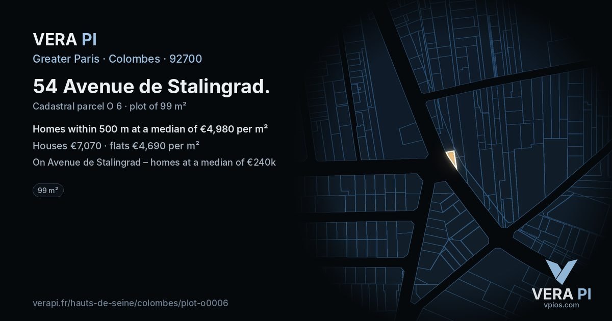 54 Avenue de Stalingrad, Colombes at night – the plot lit, the parcels around coloured by the prices near them