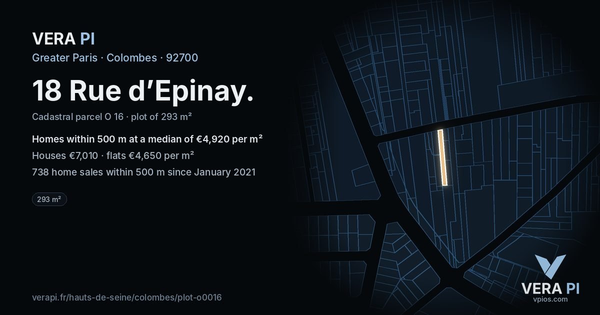 18 Rue d’Epinay, Colombes at night – the plot lit, the parcels around coloured by the prices near them