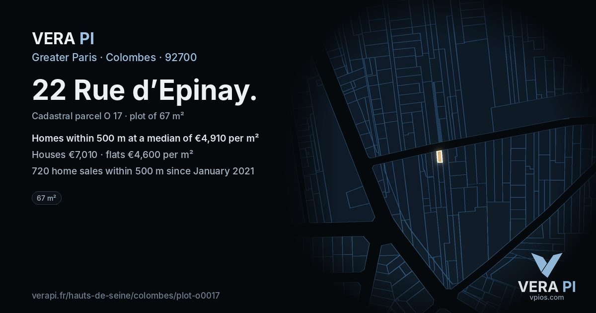 22 Rue d’Epinay, Colombes at night – the plot lit, the parcels around coloured by the prices near them