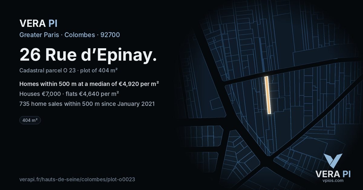 26 Rue d’Epinay, Colombes at night – the plot lit, the parcels around coloured by the prices near them