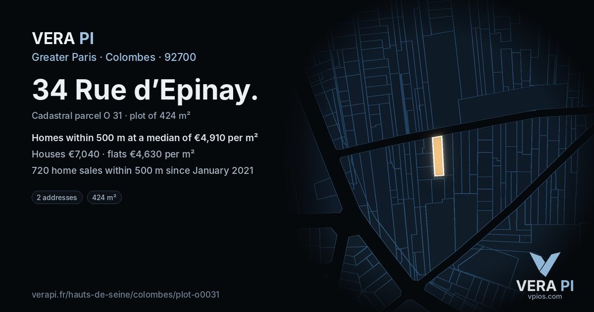 34 Rue d’Epinay, Colombes at night – the plot lit, the parcels around coloured by the prices near them