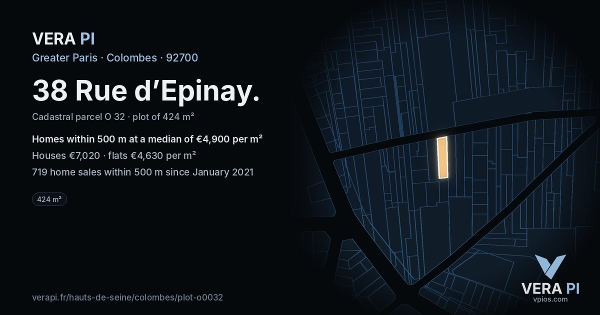 38 Rue d’Epinay, Colombes at night – the plot lit, the parcels around coloured by the prices near them