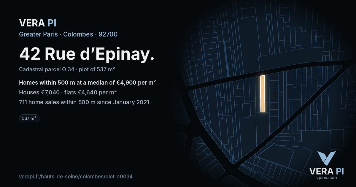 42 Rue d’Epinay, Colombes at night – the plot lit, the parcels around coloured by the prices near them