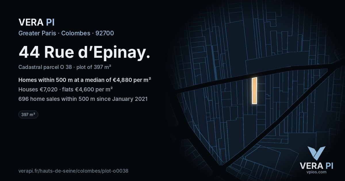 44 Rue d’Epinay, Colombes at night – the plot lit, the parcels around coloured by the prices near them