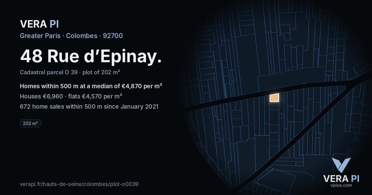 48 Rue d’Epinay, Colombes at night – the plot lit, the parcels around coloured by the prices near them