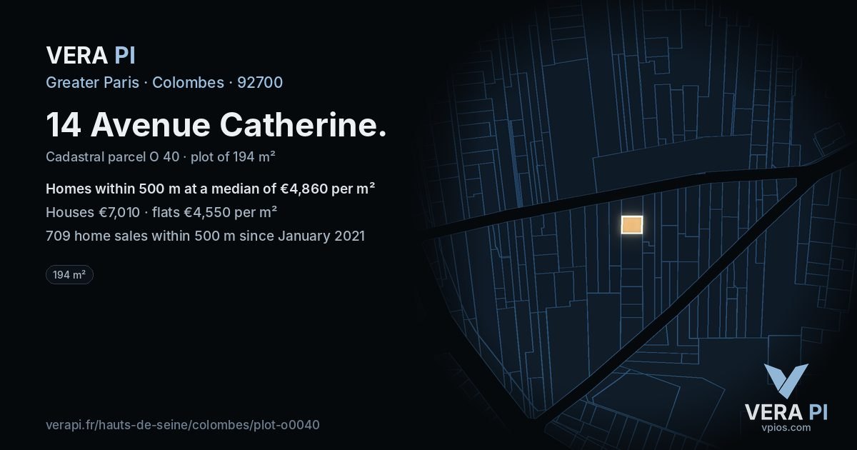 14 Avenue Catherine, Colombes at night – the plot lit, the parcels around coloured by the prices near them