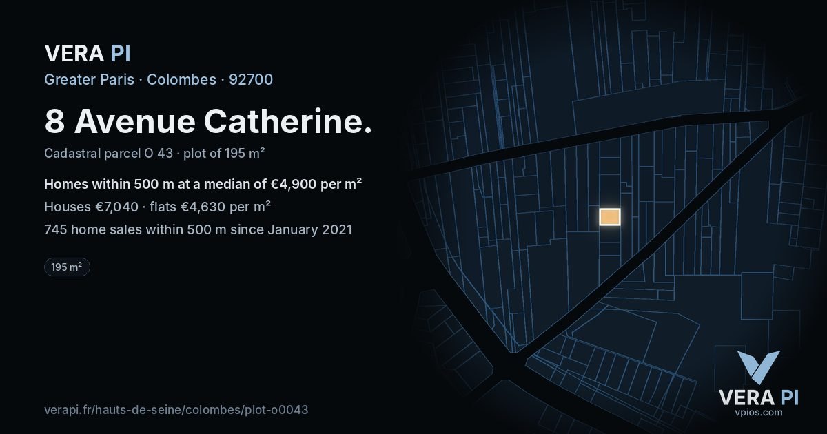 8 Avenue Catherine, Colombes at night – the plot lit, the parcels around coloured by the prices near them