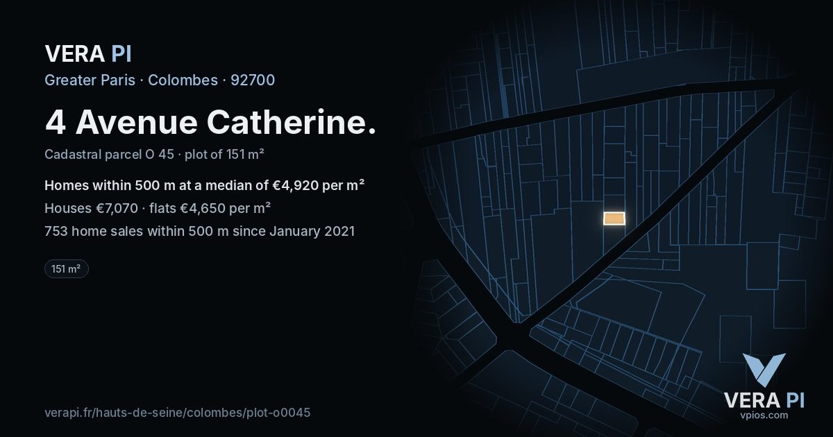4 Avenue Catherine, Colombes at night – the plot lit, the parcels around coloured by the prices near them