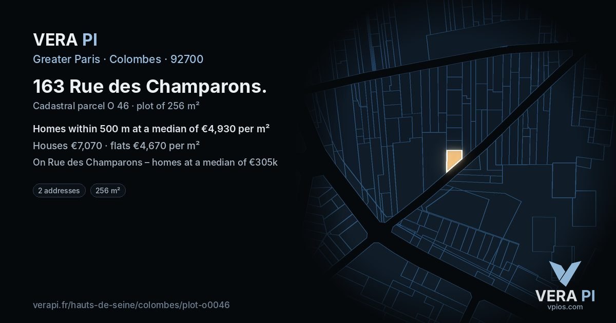 163 Rue des Champarons, Colombes at night – the plot lit, the parcels around coloured by the prices near them