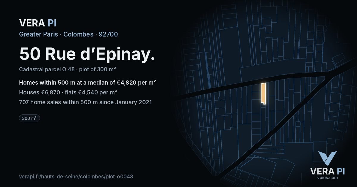 50 Rue d’Epinay, Colombes at night – the plot lit, the parcels around coloured by the prices near them