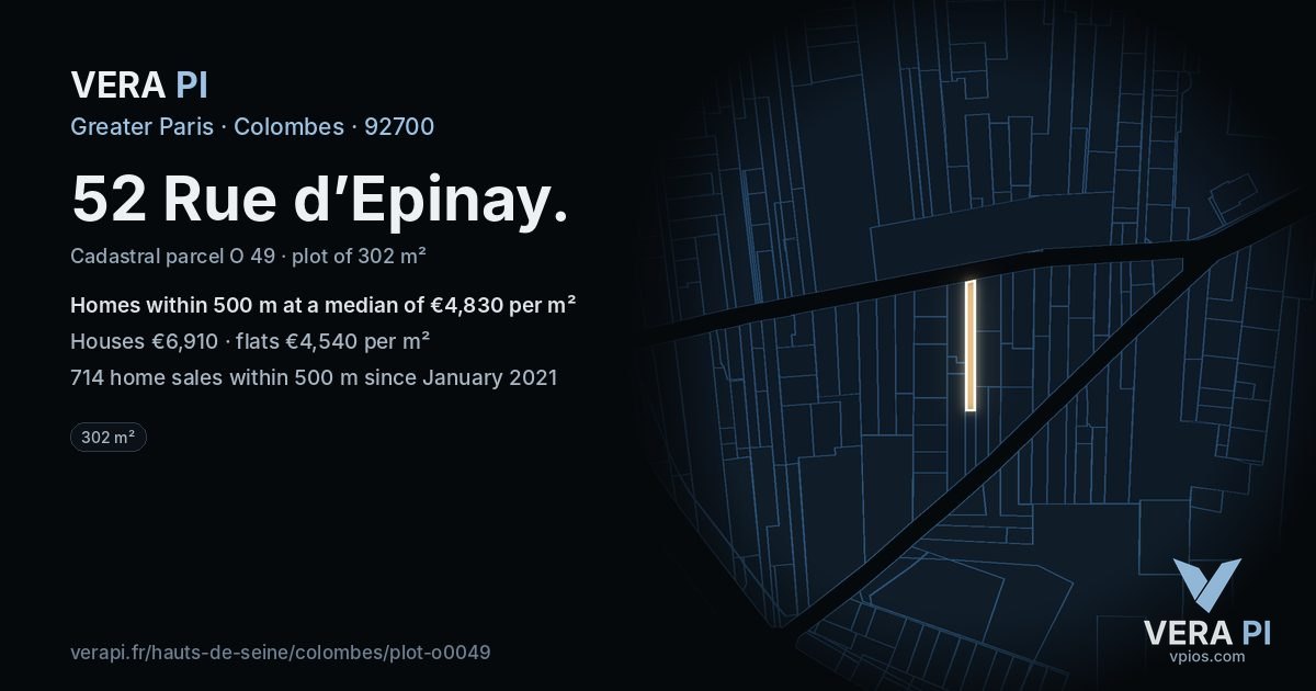 52 Rue d’Epinay, Colombes at night – the plot lit, the parcels around coloured by the prices near them