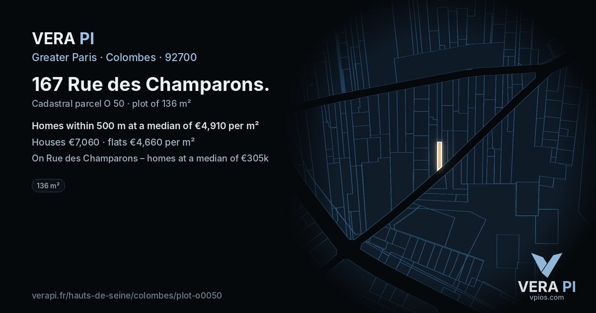 167 Rue des Champarons, Colombes at night – the plot lit, the parcels around coloured by the prices near them