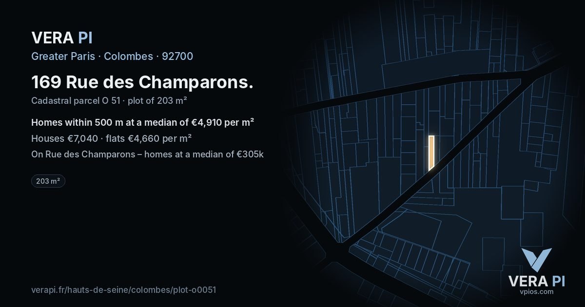 169 Rue des Champarons, Colombes at night – the plot lit, the parcels around coloured by the prices near them