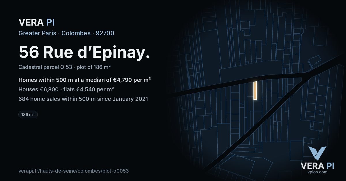 56 Rue d’Epinay, Colombes at night – the plot lit, the parcels around coloured by the prices near them