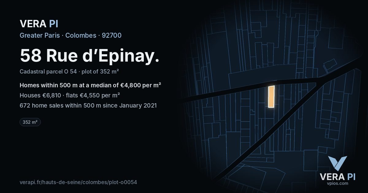 58 Rue d’Epinay, Colombes at night – the plot lit, the parcels around coloured by the prices near them