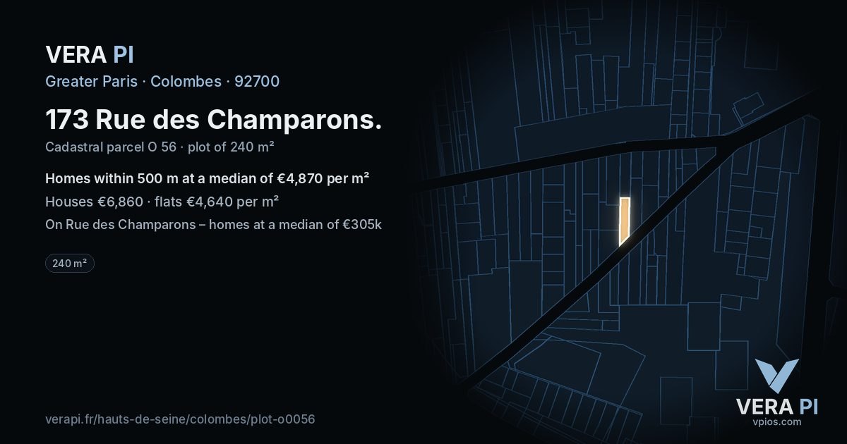 173 Rue des Champarons, Colombes at night – the plot lit, the parcels around coloured by the prices near them