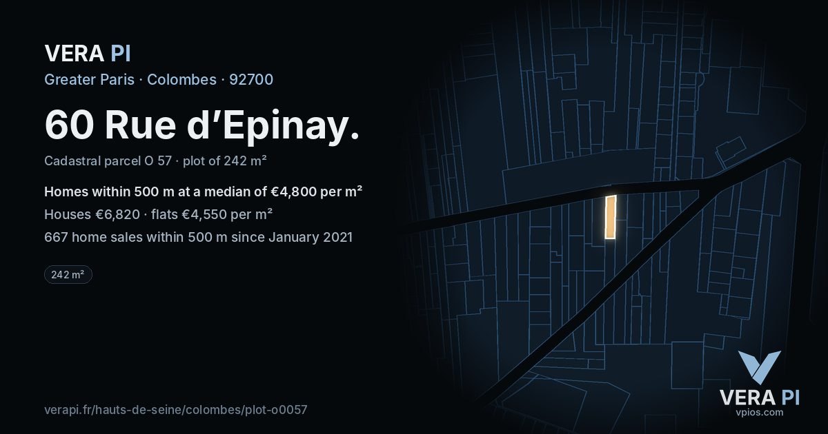 60 Rue d’Epinay, Colombes at night – the plot lit, the parcels around coloured by the prices near them