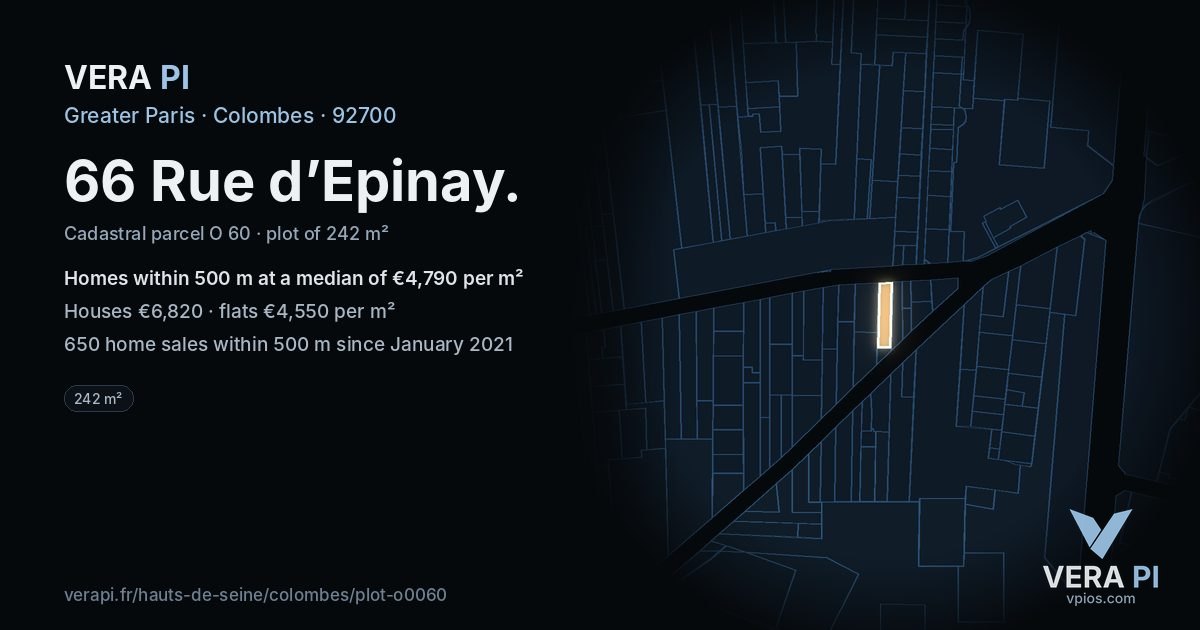 66 Rue d’Epinay, Colombes at night – the plot lit, the parcels around coloured by the prices near them
