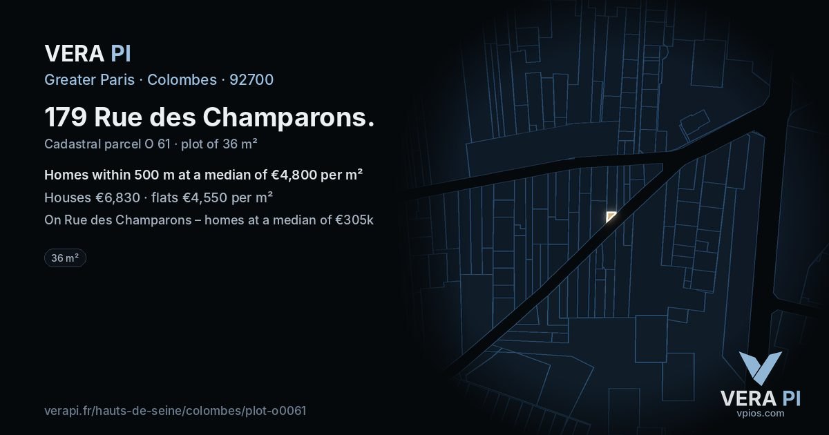 179 Rue des Champarons, Colombes at night – the plot lit, the parcels around coloured by the prices near them